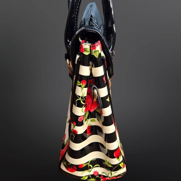 Y2K Glossy Top Handle Shoulder Bag Black White Striped Red Rose Floral Emo Goth - Picture 9 of 14